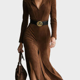 Retro zachodni styl kołnierza z faux zamszu, midi z rozcięciem