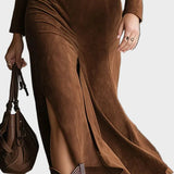 Retro zachodni styl kołnierza z faux zamszu, midi z rozcięciem