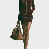 Brązowa Sztuczna Zamszowa Sukienka Mini z Stojącym Kołnierzem i Zamek