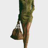 Brązowa Sztuczna Zamszowa Sukienka Mini z Stojącym Kołnierzem i Zamek