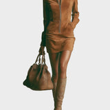 Brązowa Sztuczna Zamszowa Sukienka Mini z Stojącym Kołnierzem i Zamek