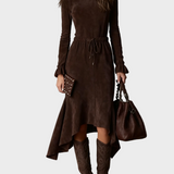 Elegancka Sukienka Midi z Zamszu w Ciemnym Brązie z Wiązaniem