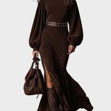 Retro latarnia długa sukienka z długim rękawem i półwysokim kołnierzem